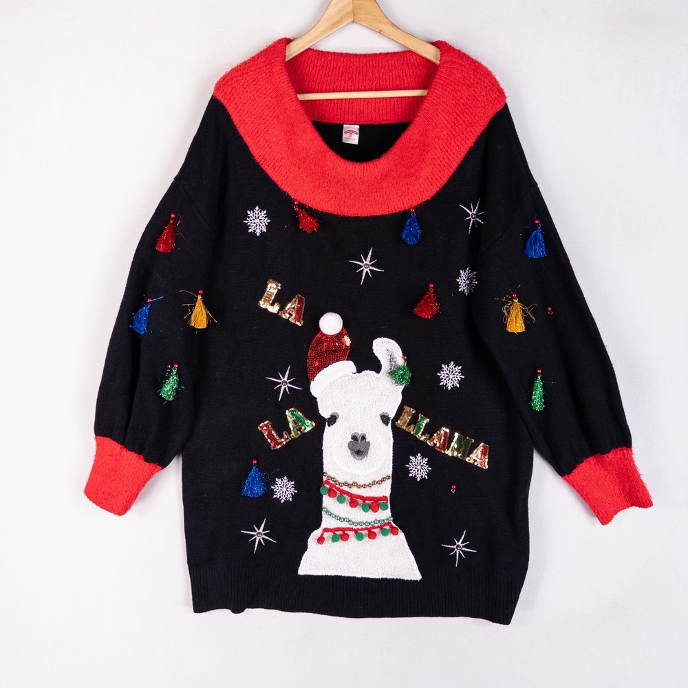Holiday Time Womens Sweater 2X Black Red La La Llama Ugly Christmas Tassels